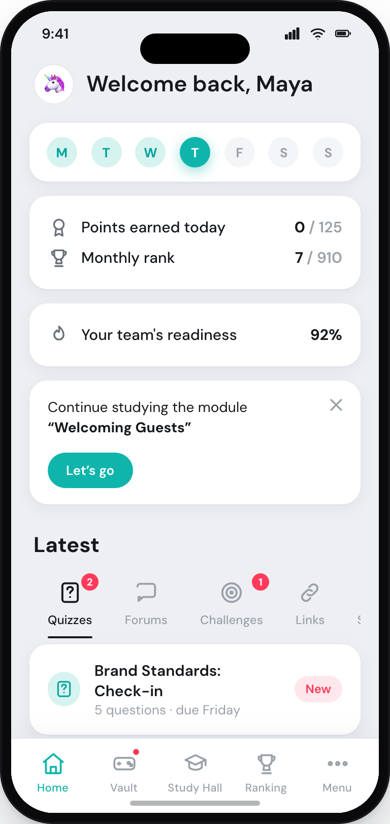 The Atiom frontline app — a team member's home screen showing 92% team readiness and today's module to study