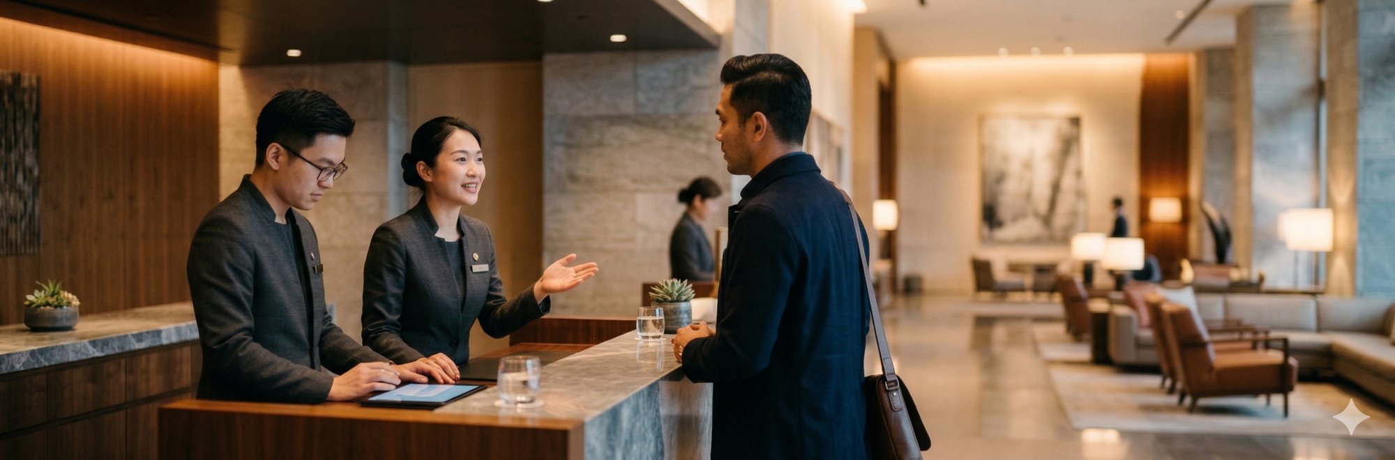 Hotel lobby with a frontline team welcoming arriving guests