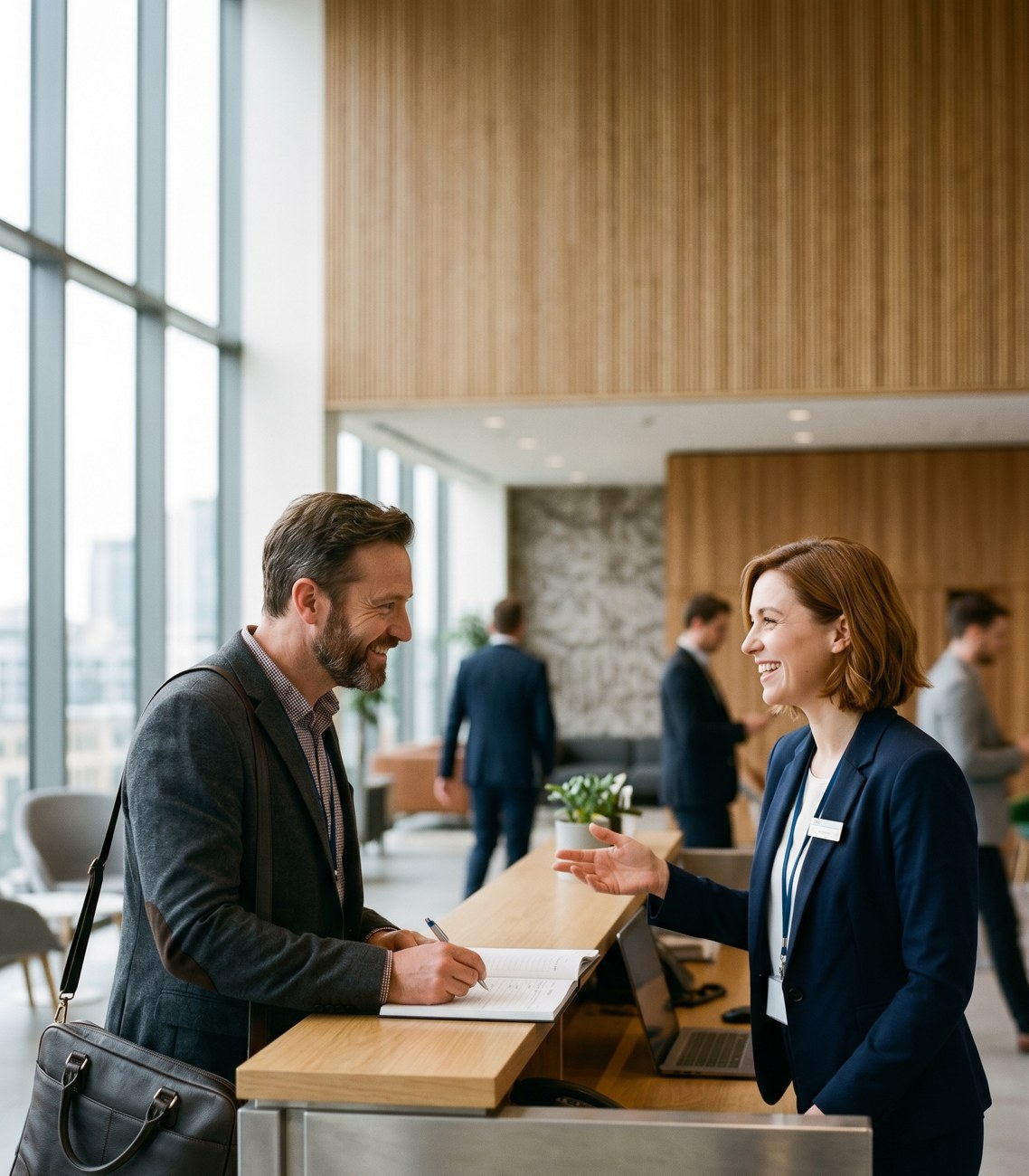 A hotel front-desk team member welcoming an arriving guest