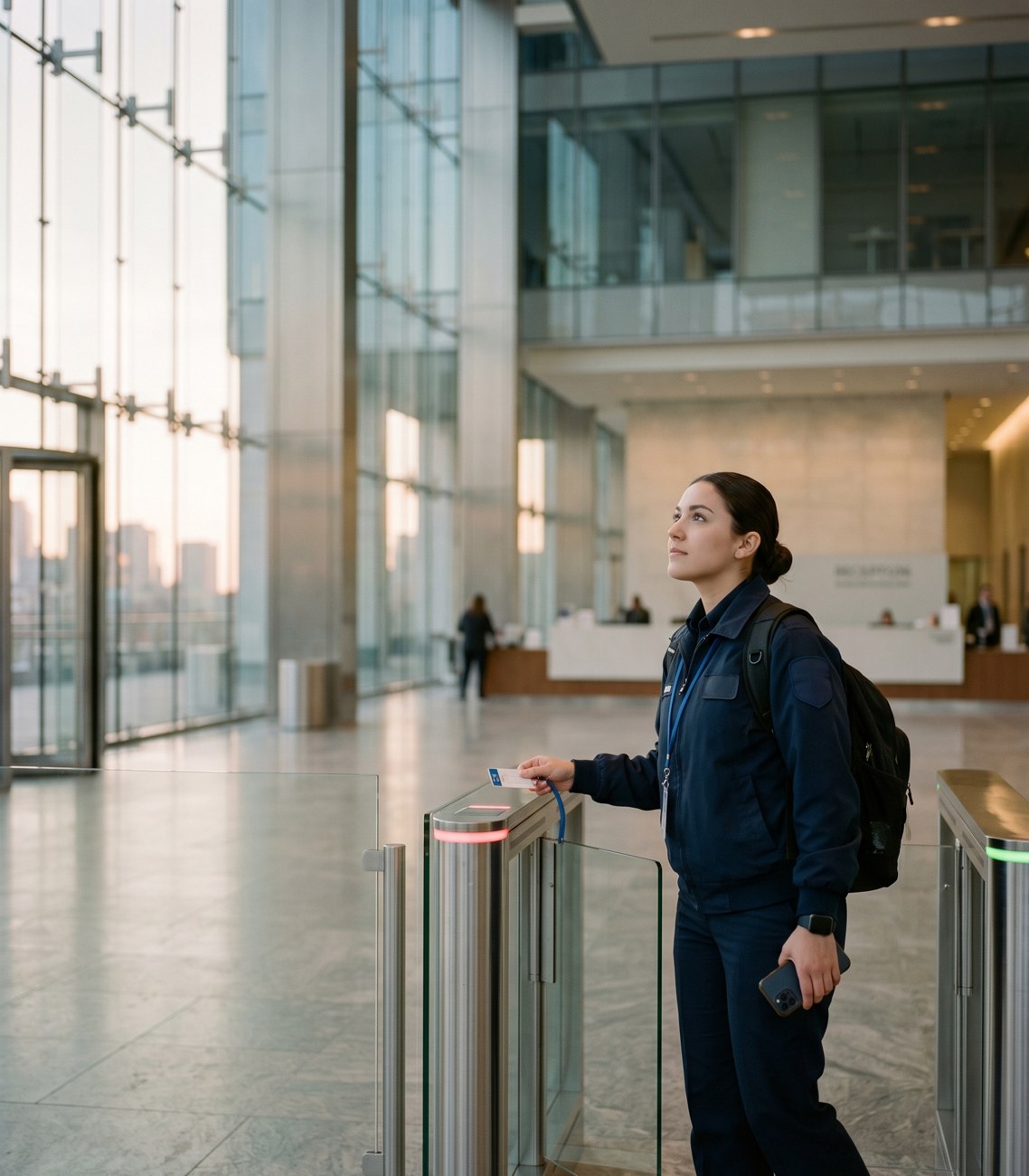 A uniformed frontline team member arriving on shift